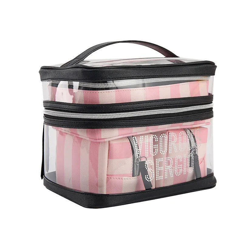 Pink floral pattern makeup bag with waterproof synthetic leather exterior and folding buggy design