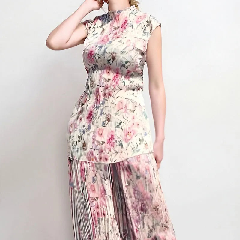 Women's floral printed chiffon dress set with high waist skirt and long sleeve matching top