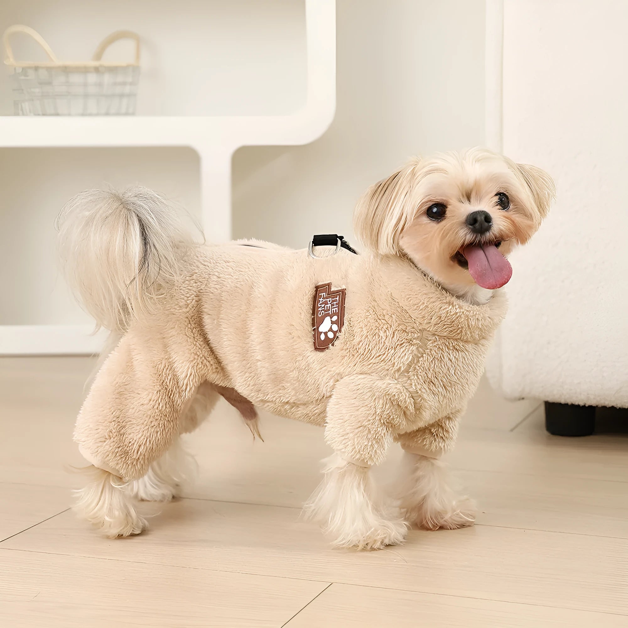 Polyester double-sided plush pet jumpsuit in gray colour for dogs, available in sizes XS to XL