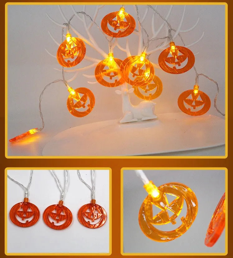 Halloween string lights with pumpkin, bat, and ghost LED lanterns hanging, showing white and coloured light options.