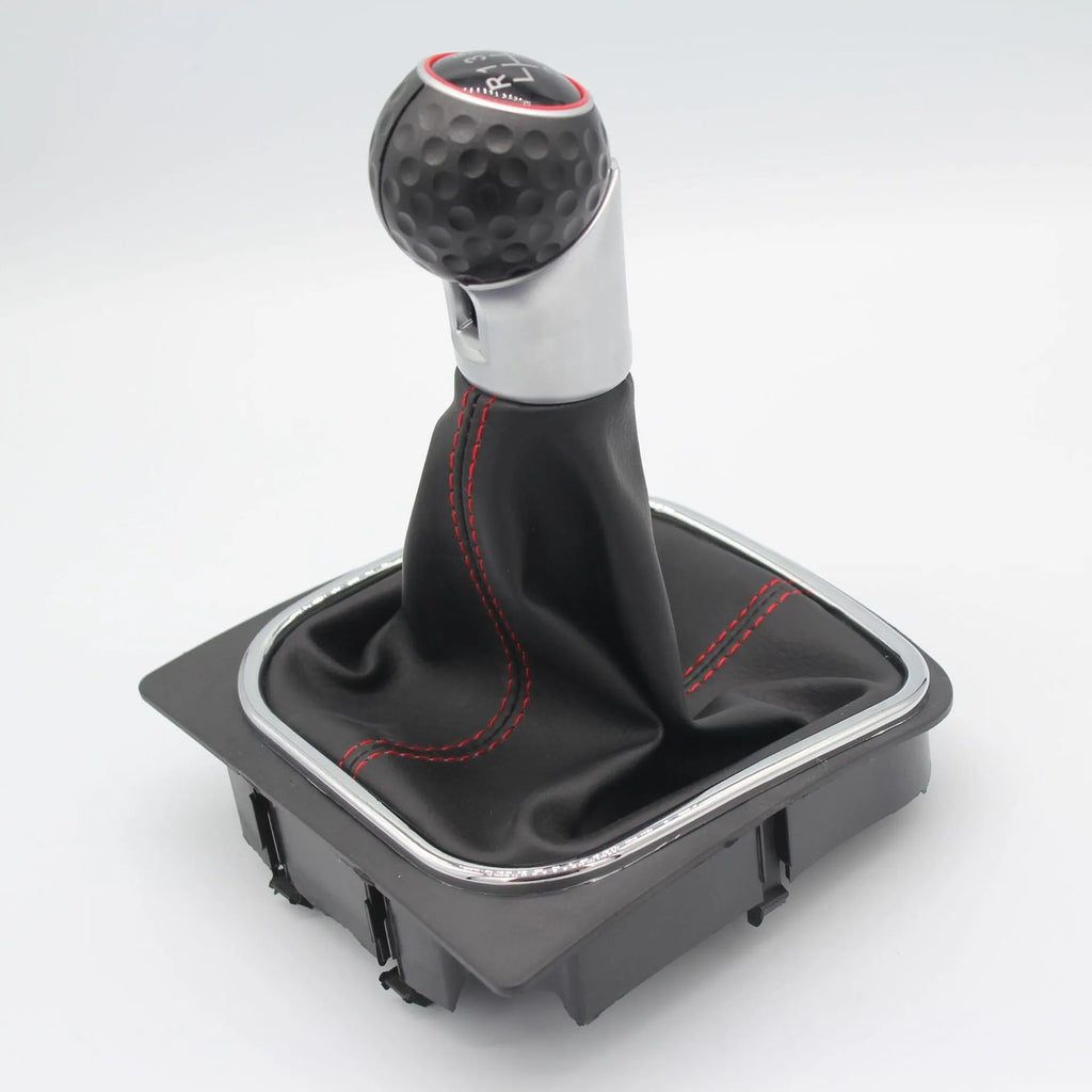Leather gear shift knob with black dust boot for Volkswagen Golf manual transmission.