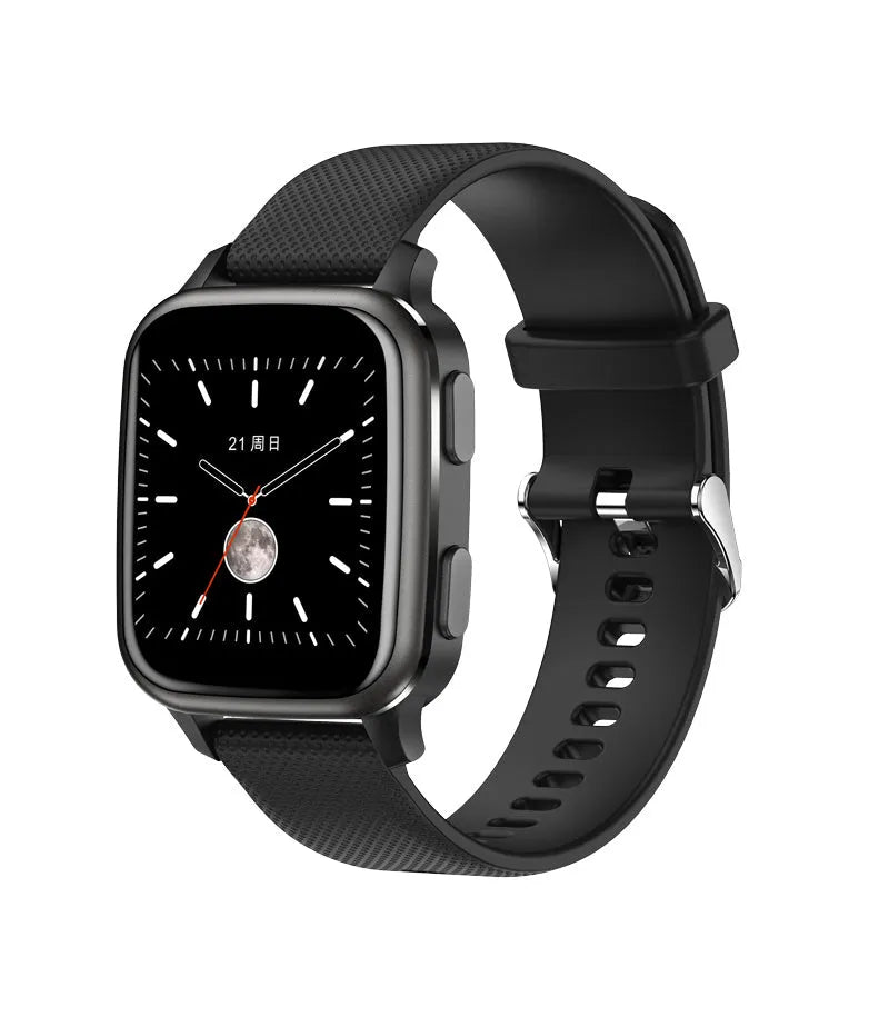 Smartwatch smart bracelet with aluminium alloy case showing colour options: blue, pink, black, green.