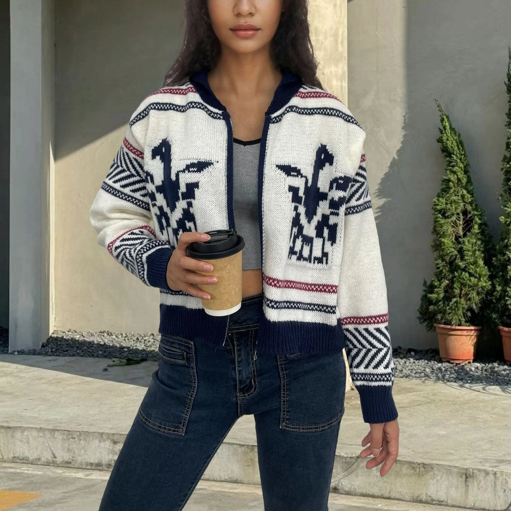 White women's zip-up cardigan with contrasting jacquard stripes and lapel collar