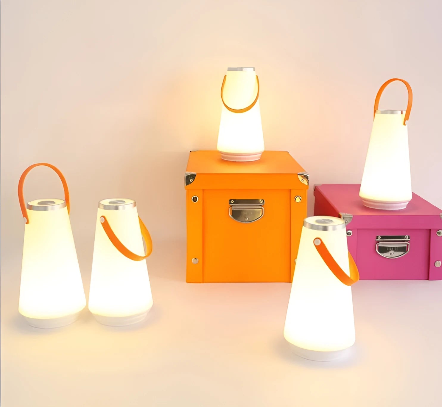 White rechargeable LED night light lantern on bedside table measuring 12x12x22cm with warm light