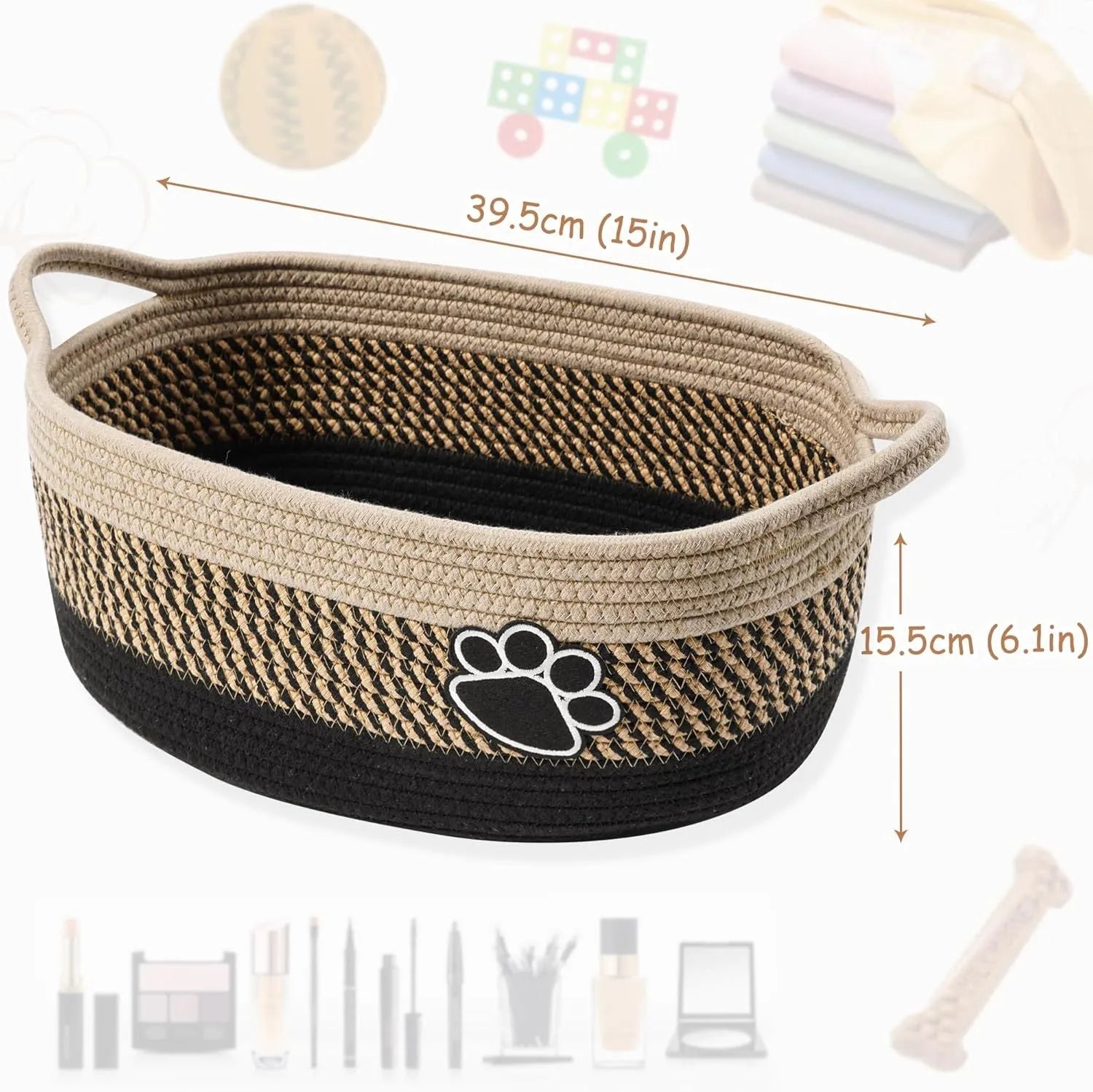 Light beige handmade cotton rope woven storage basket with handle on a wooden surface.