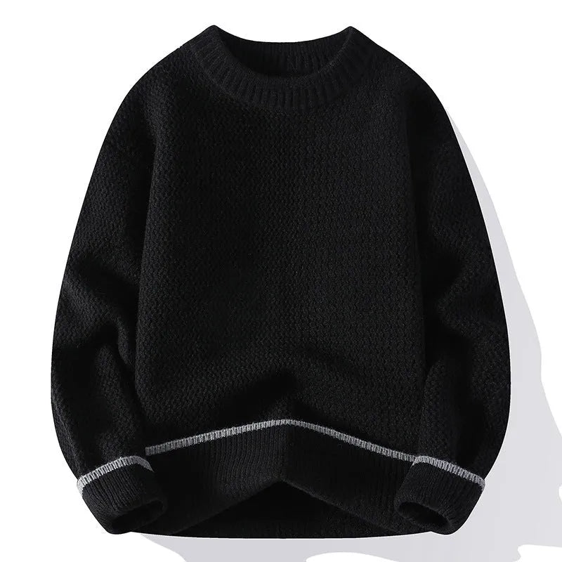 Men's grey casual pullover sweater with round neck and long sleeves