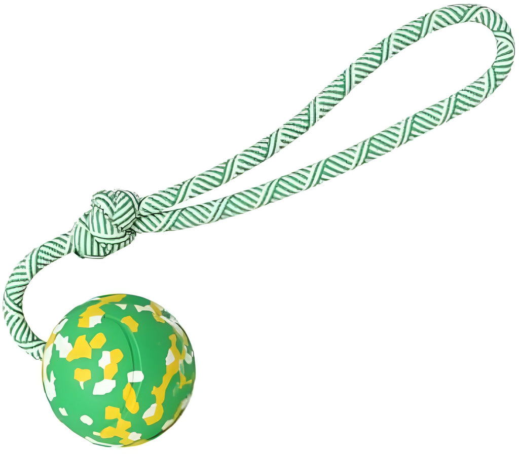 Natural rubber dog ball on a nylon rope toy for interactive fetch and tug games.