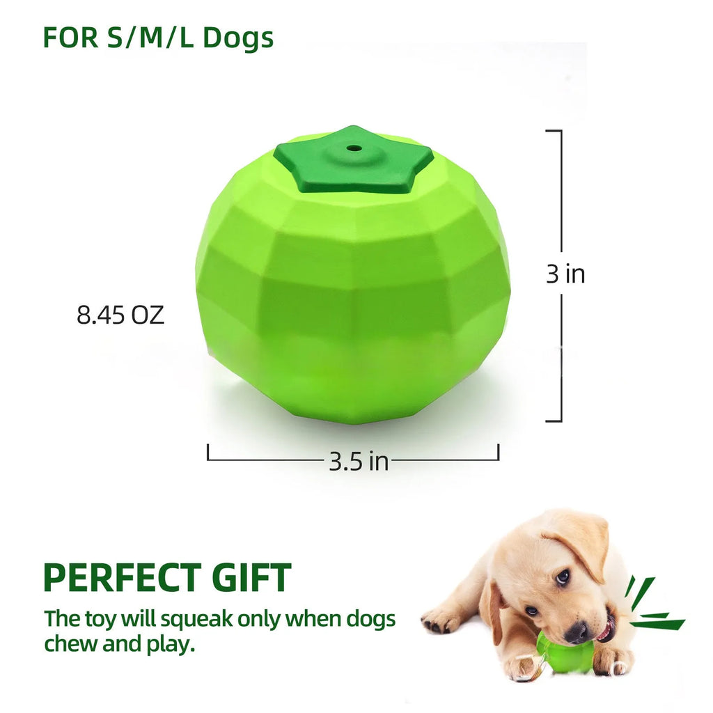 Green natural rubber dog ball chew toy for large breed dogs with squeaker