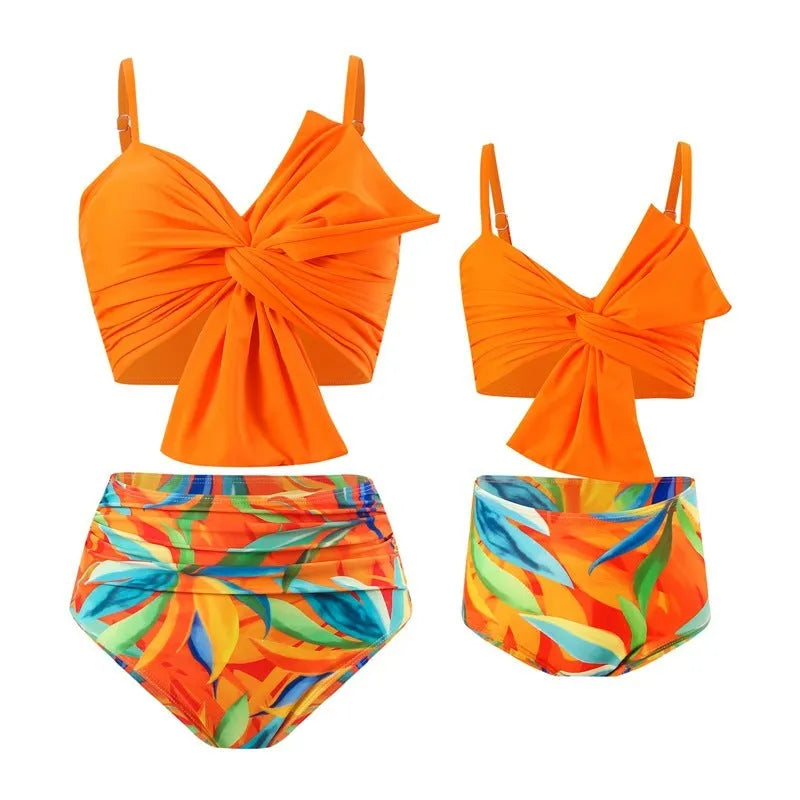 Women's big bow bikini print swim trunks set in nylon fabric, two-piece swimsuit with bow detail