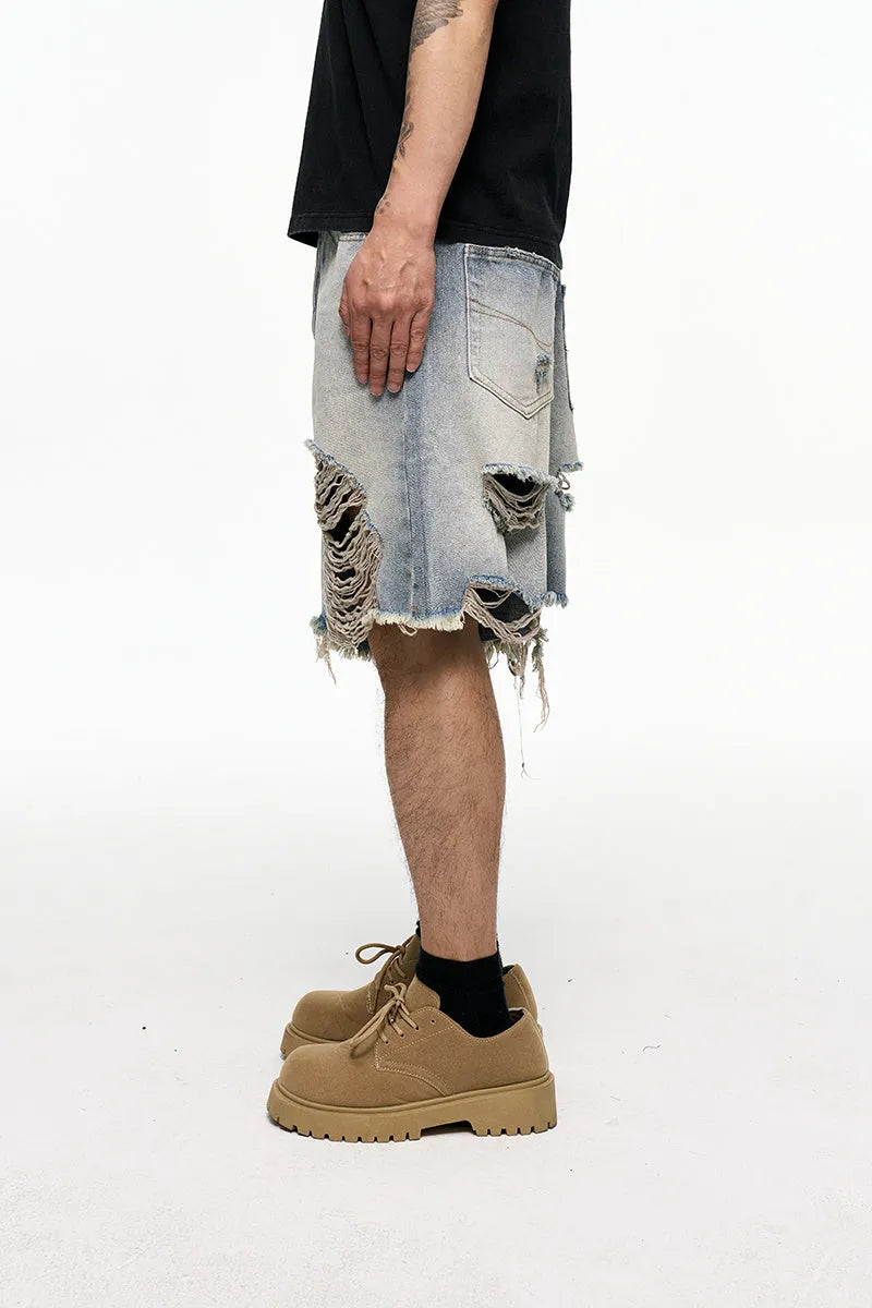 Light blue retro washed men's baggy denim shorts with wide leg cut and fifth pants length