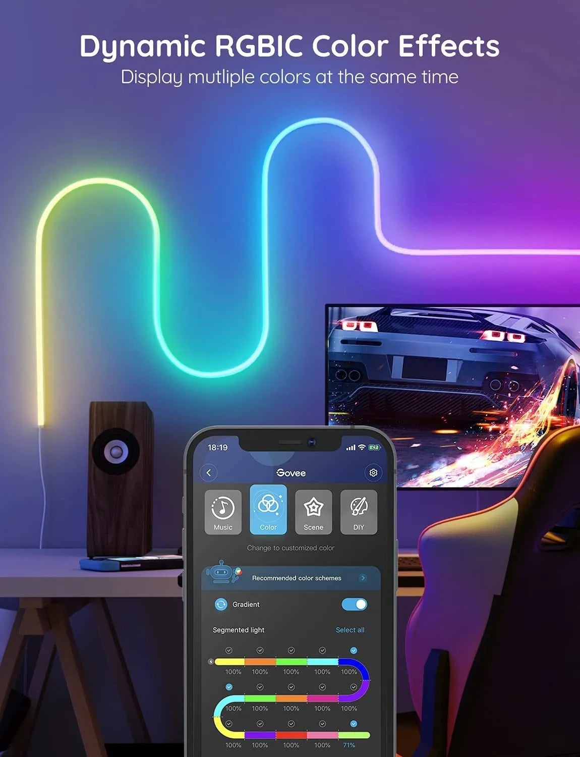24V RGBIC music neon light strip with Bluetooth and WiFi, 3 metre 252 LED option, multicolour display