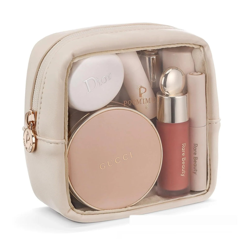 Transparent PVC cosmetic bag in pink portable style with waterproof and expandable storage features