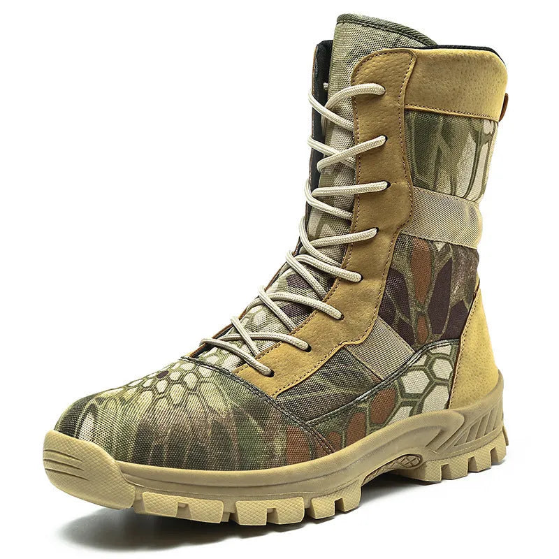 Men's plus size mesh Martin boots in black and camouflage colours showing high-top combat boot design