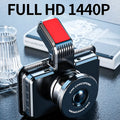 Black 3-inch screen car dash cam with dual lenses for front and rear recording on a car windscreen.