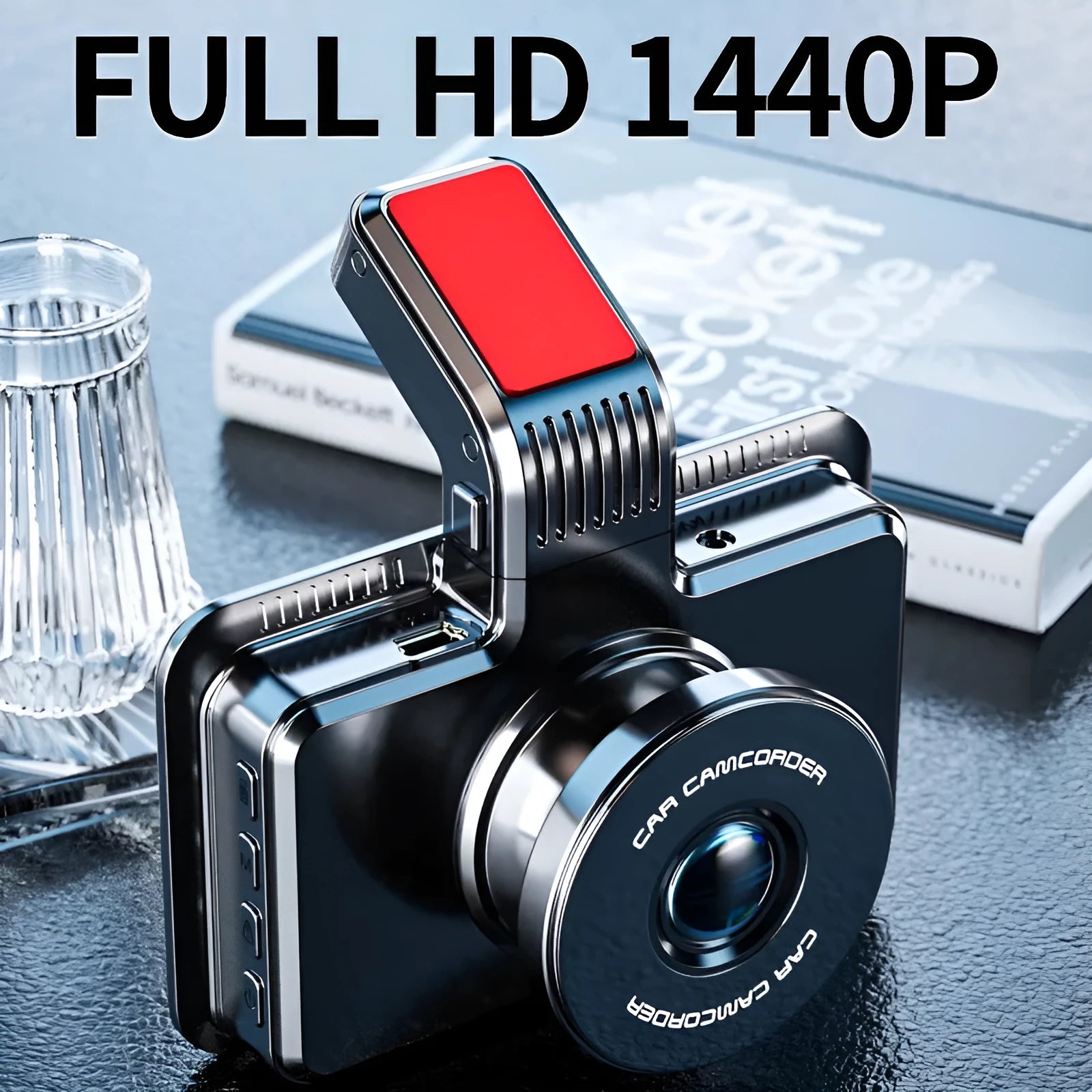 Black 3-inch screen car dash cam with dual lenses for front and rear recording on a car windscreen.