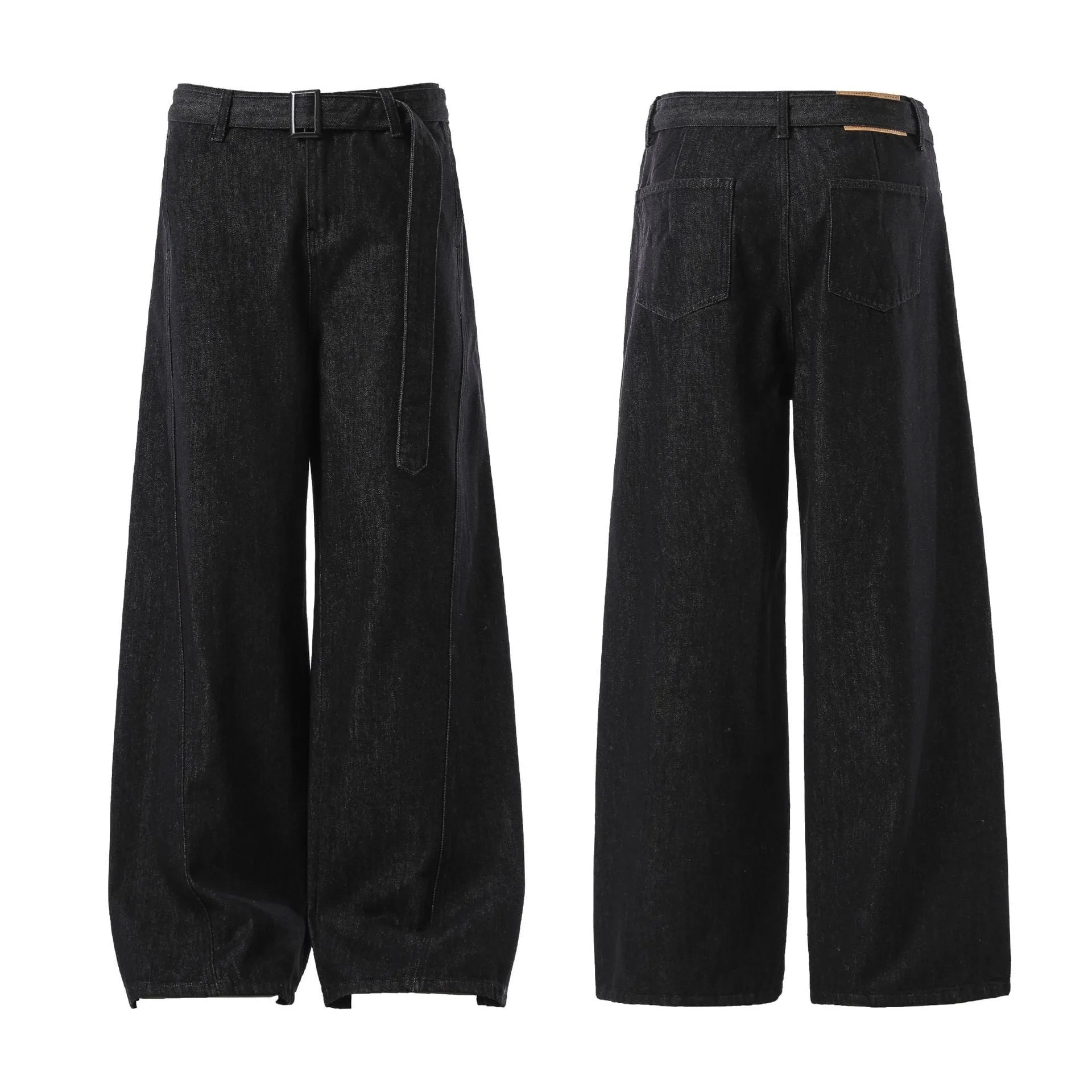 Black high-waist straight-leg jeans with a retro gold wash detail on a mannequin.