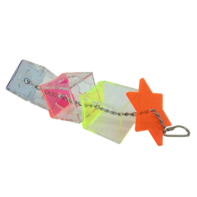 Clear acrylic parrot foraging toy measuring 5 cm by 5 cm by 32 cm for bird enrichment