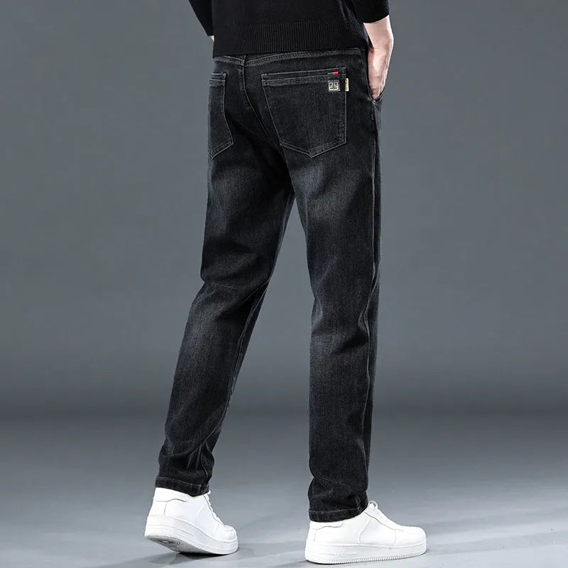 Slim straight casual trousers in blue grey colour with micro-elastic fabric and mid-waist design
