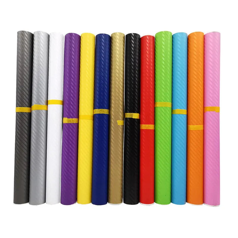 Roll of 3D carbon fiber car decoration sticker showing textured surface in multiple colour options