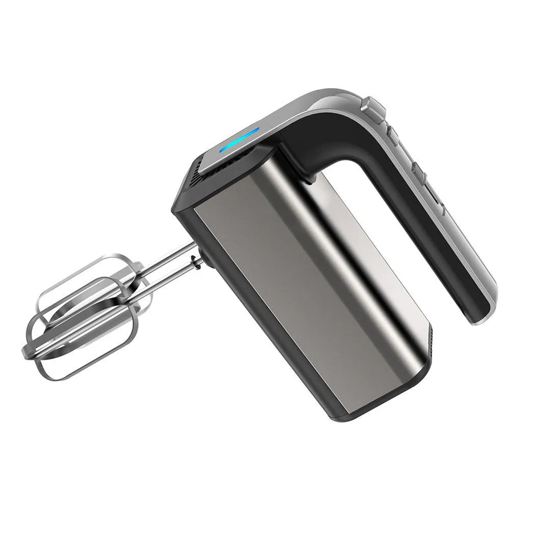 Silver household multifunctional mini electric whisk with plastic body and stainless steel attachments on a neutral background