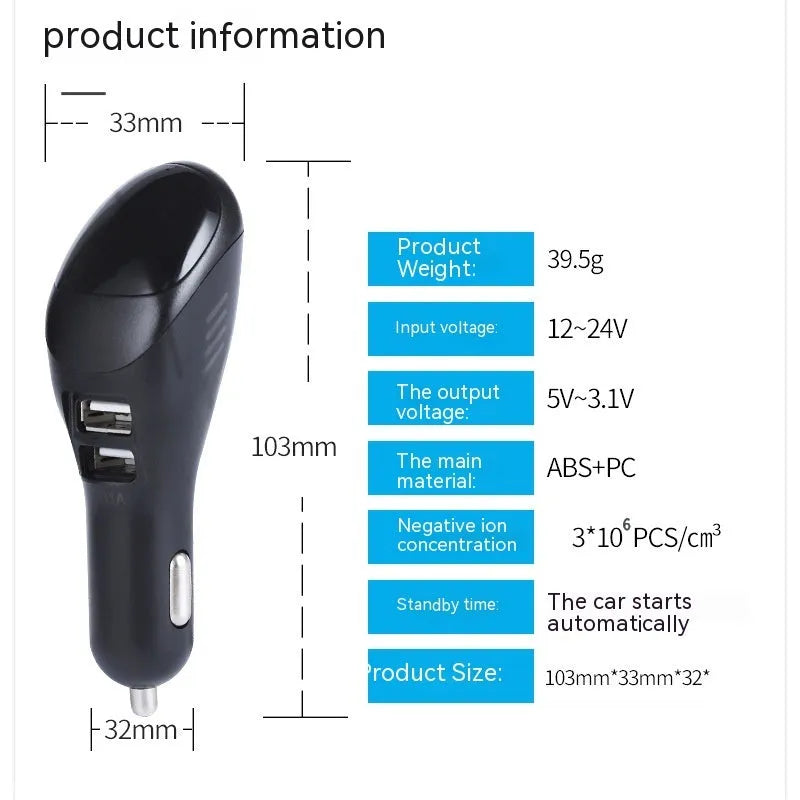White car USB charger and negative ion air purifier with dimensions 103mm x 33mm x 32mm