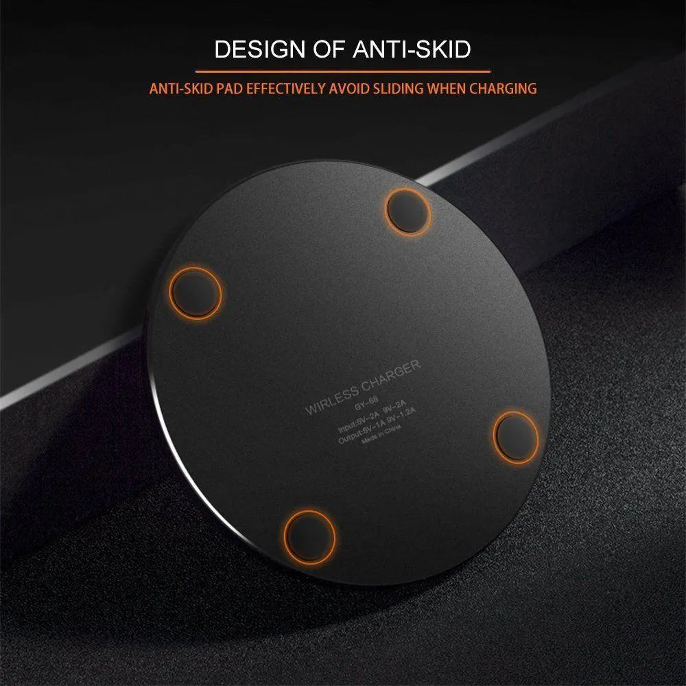 Black ultra-thin QI wireless fast charging pad with 98mm square dimensions and slim profile