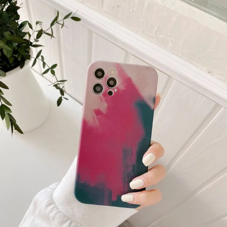 Soft silicone iPhone case with abstract gradient geometric oil painting design in blue green pink purple colours