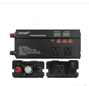12V 24V to 110V 1200W car inverter with LED display, black, US outlet, air cooling fins visible