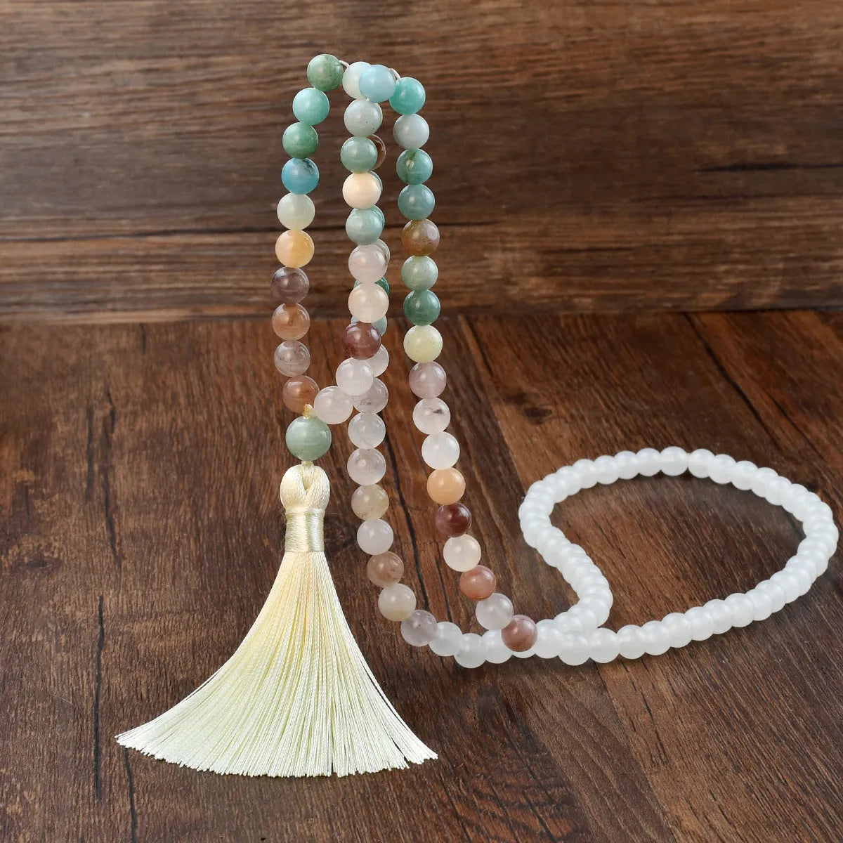 108 natural stone tassel long necklace with mixed gem pendant in boho style, unisex, 81cm plus circumference