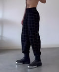Men's plaid pants with detachable front apron in plaid pattern, elastic waistband, size S to 2XL