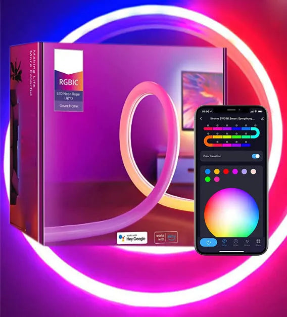 24V RGBIC music neon light strip with Bluetooth and WiFi, 3 metre 252 LED option, multicolour display