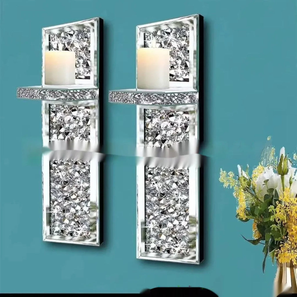 Pair of silver mirror glass candle holders wall mounted at 38cm height
