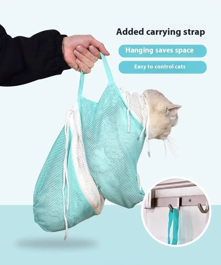 Cat grooming bag with zipper closure and detachable mesh panels for secure pet containment