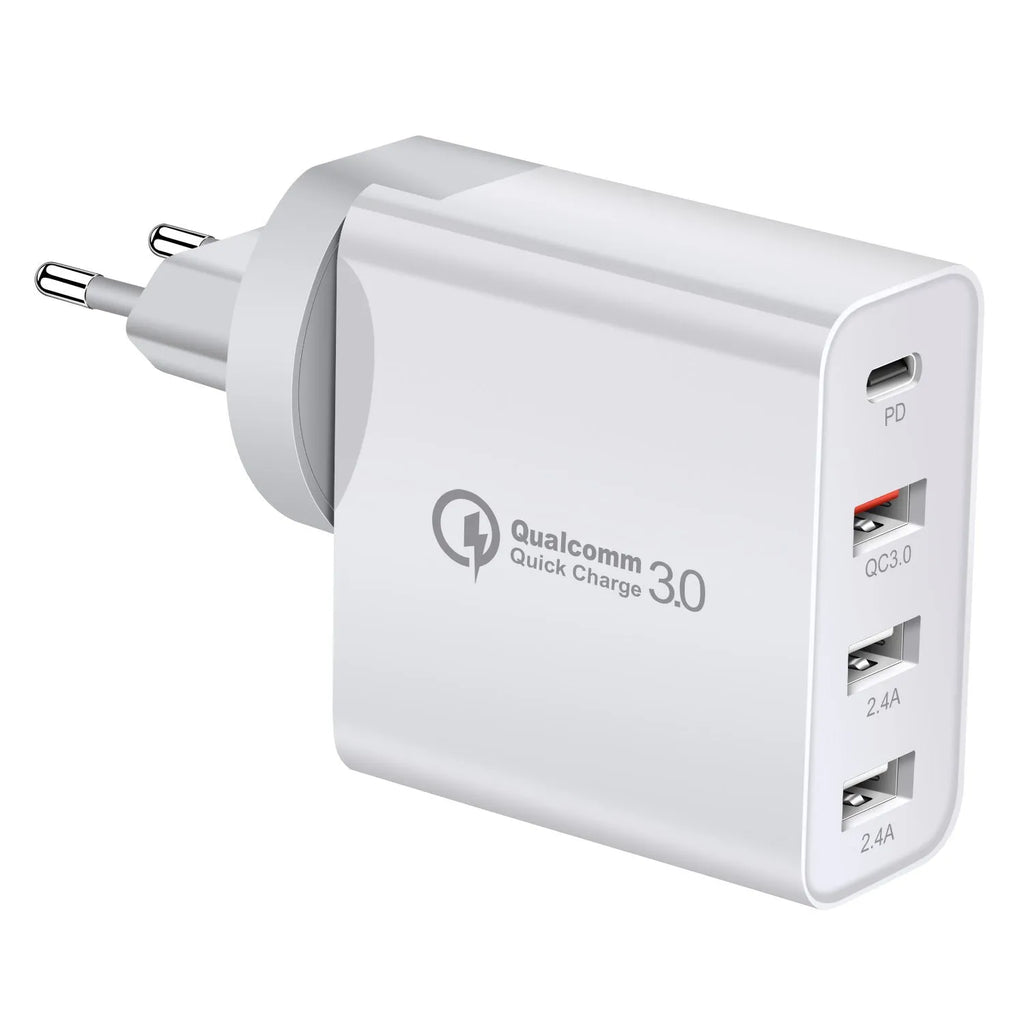 Black four-port USB-C wall charger with UK, EU, US, and AU plug adapters