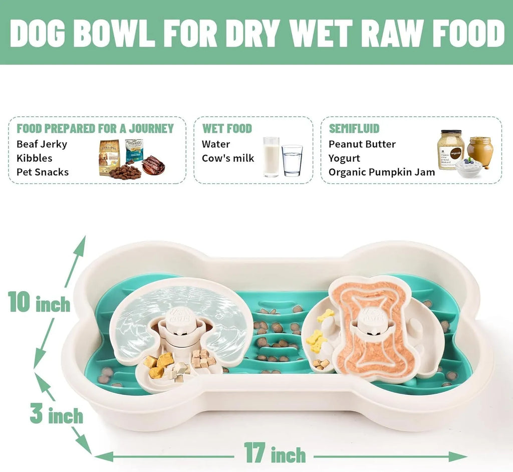 Large green slow feeder dog bowl with three rotating puzzle trays for dry and wet food