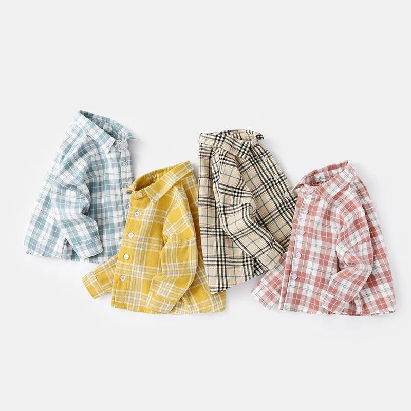 Boy's long sleeve cotton lattice shirt in khaki, light blue, pink, or yellow with animal cartoon print.