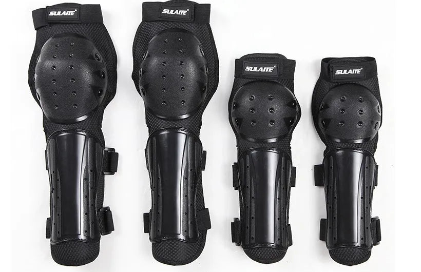 Adult black protective knee and elbow pads set with PE rubber shell and Velcro straps for cycling and extreme sports