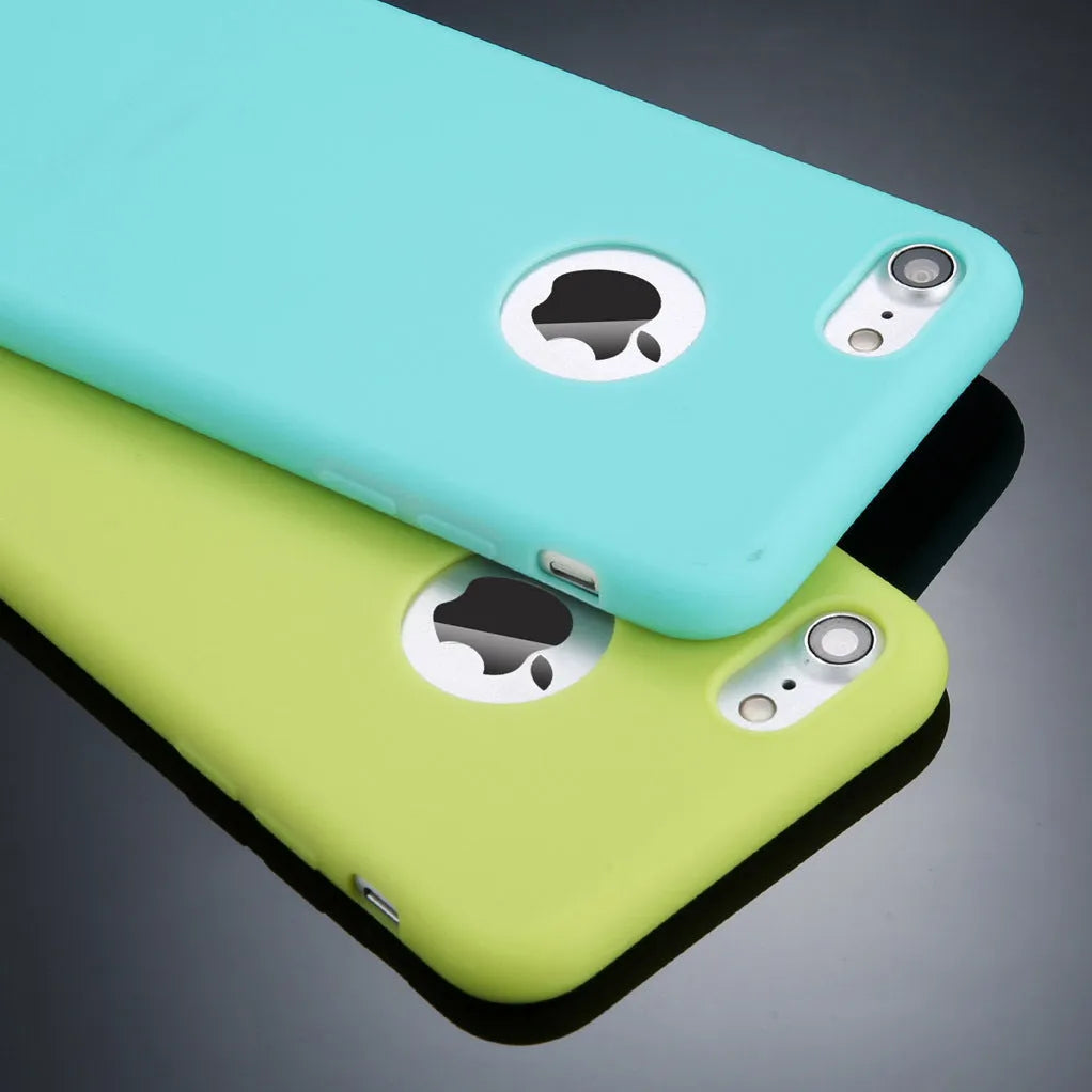 Soft silicone TPU phone case for iPhone in candy colours including pink, blue, and black.