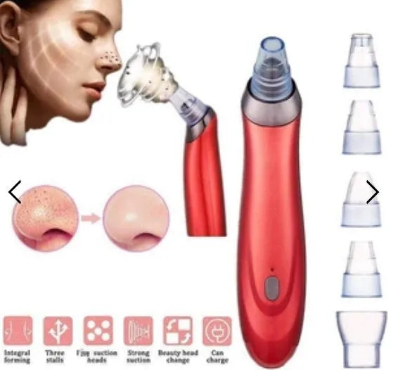 Electric blackhead extractor tool in black, gold, red, or white with interchangeable nozzles.