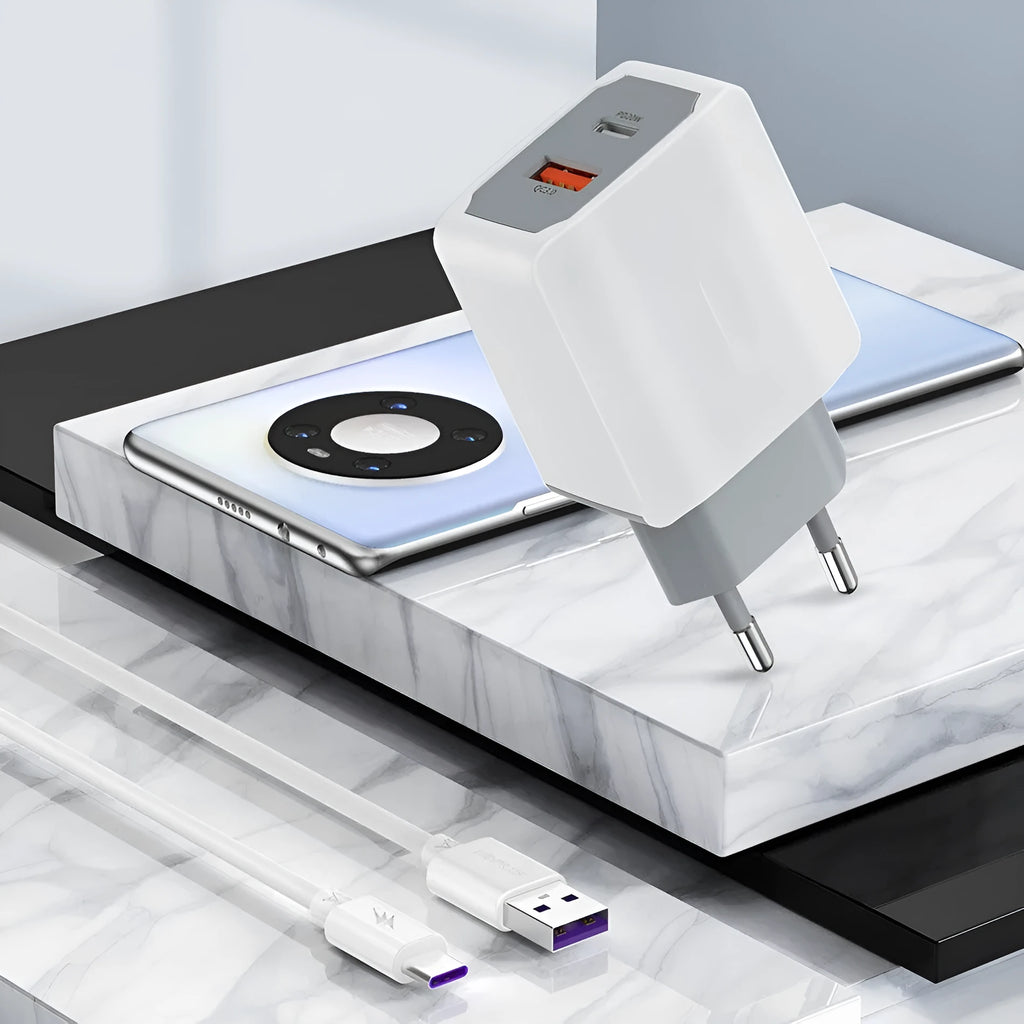 White European standard fast charger set with USB cable in compact size