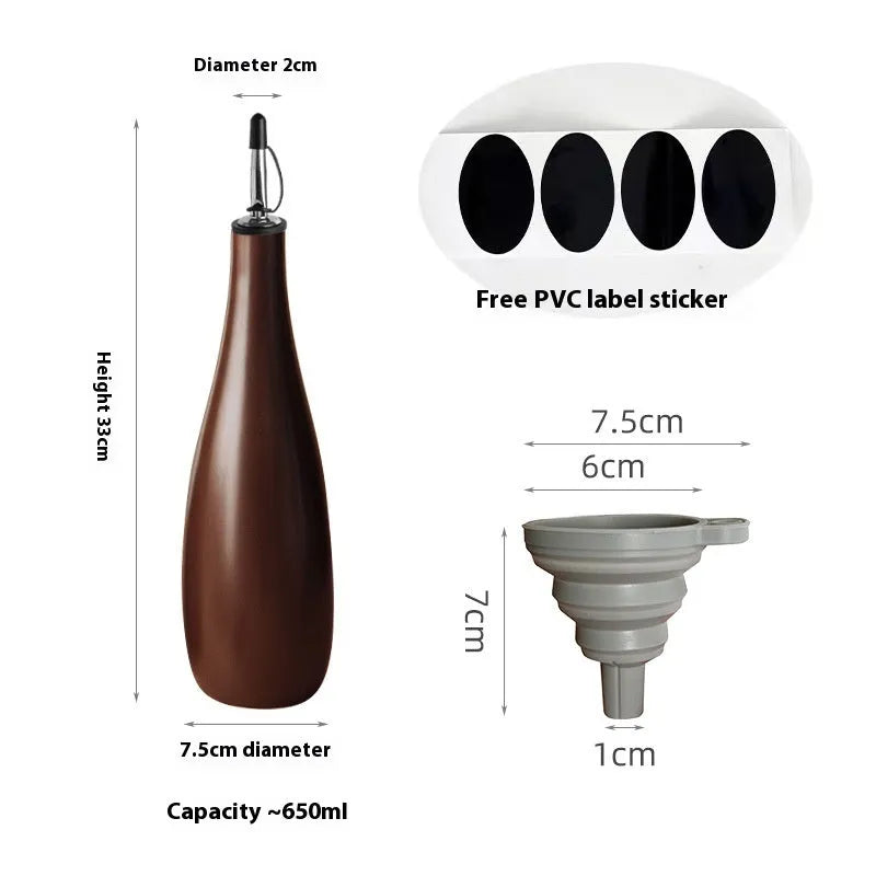 Ceramic kitchen oil pot with funnel and brush in black, coffee, or white colour, 650ml capacity.