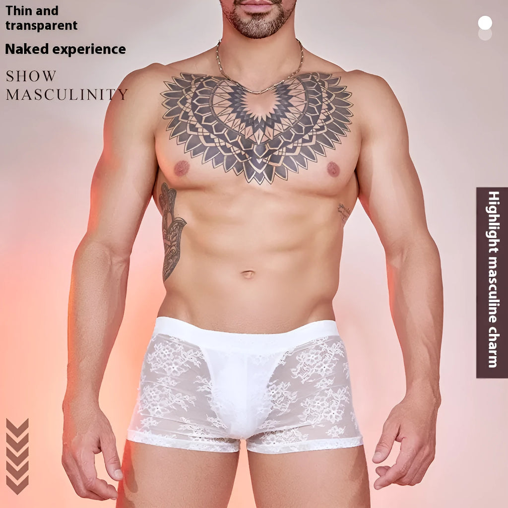 Men's black nylon boxer briefs with a white lace design detail on the front.