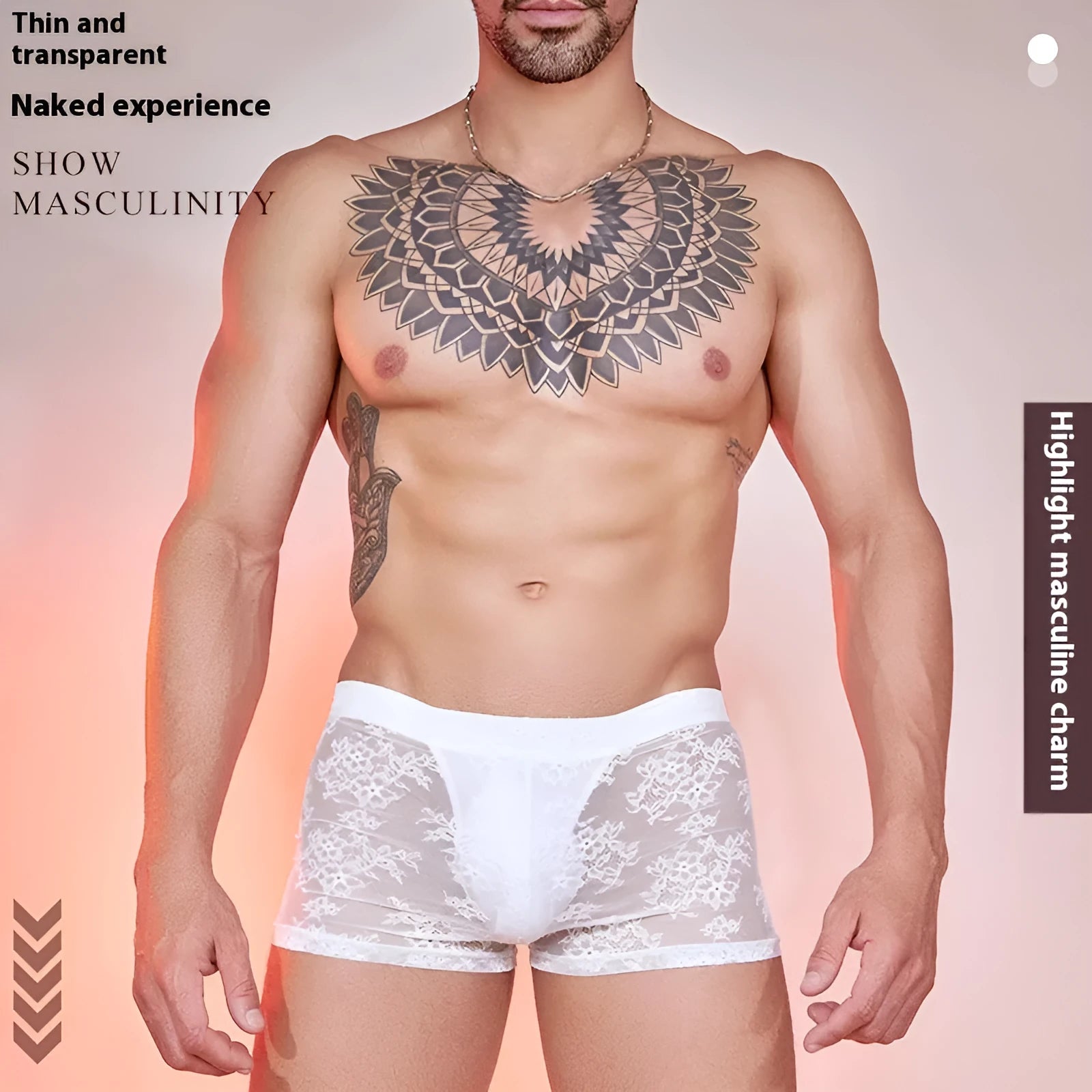 Men's black nylon boxer briefs with a white lace design detail on the front.