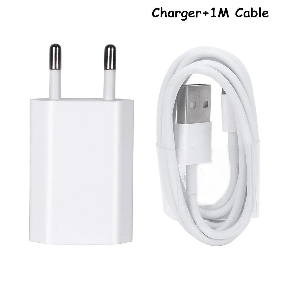 USB travel phone charger with cable compatible with iPhone and iPad models