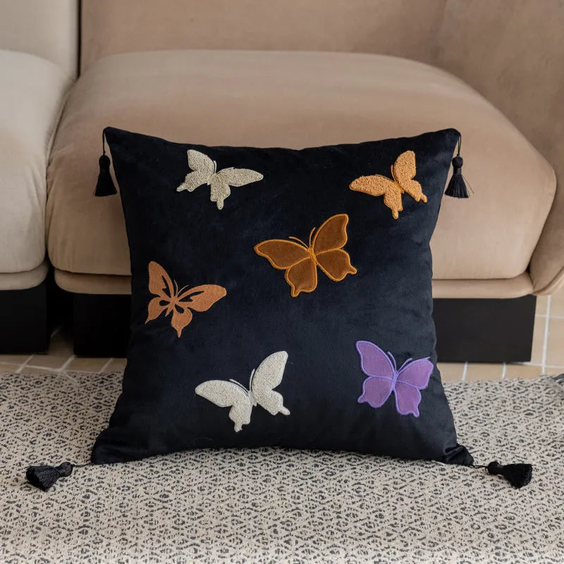 Square cushion with Chinese style butterfly embroidery in beige, black, or purple colour, 45x45 cm size