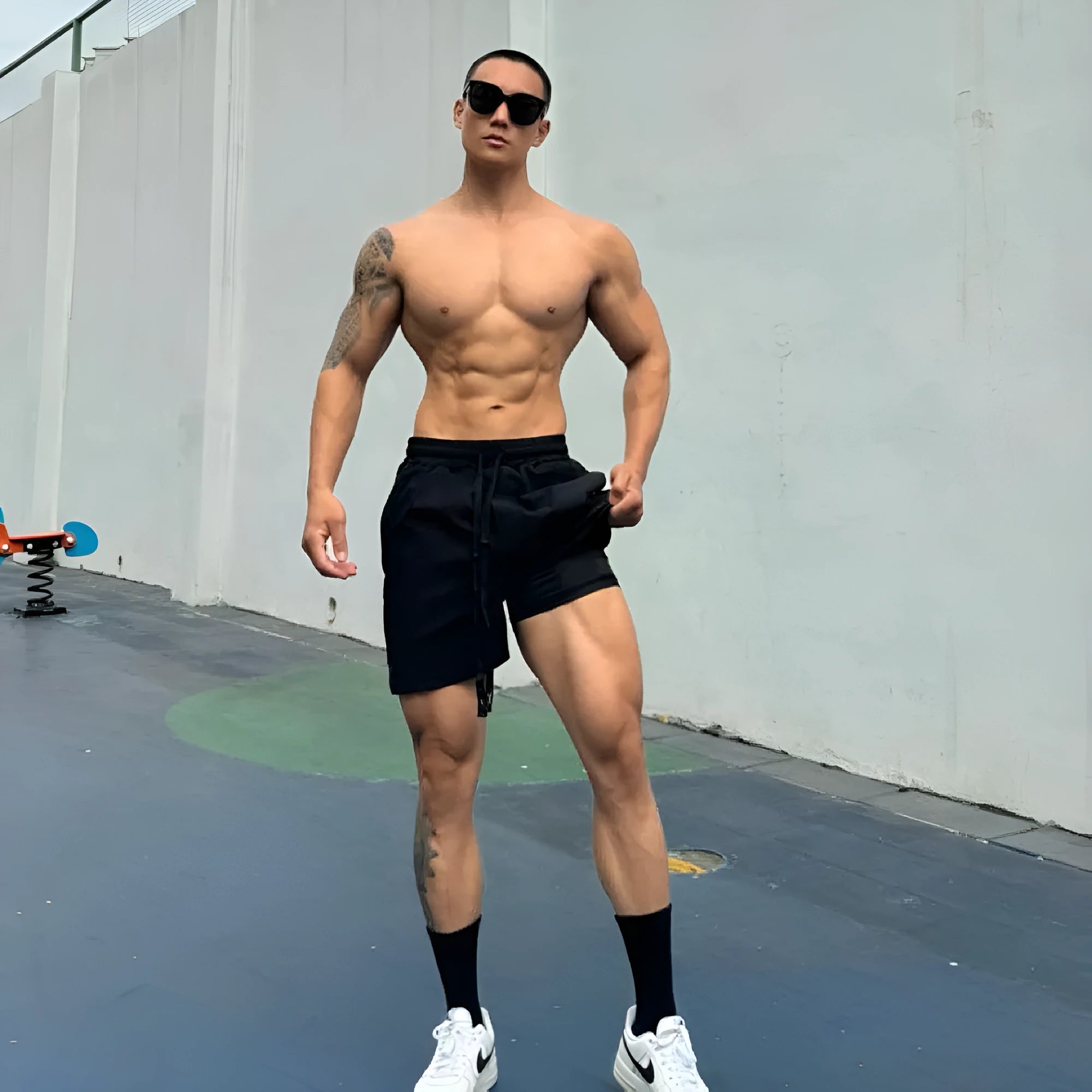 Men's ice silk quick-drying double-layer shorts in quarter-length fit on a hanger.