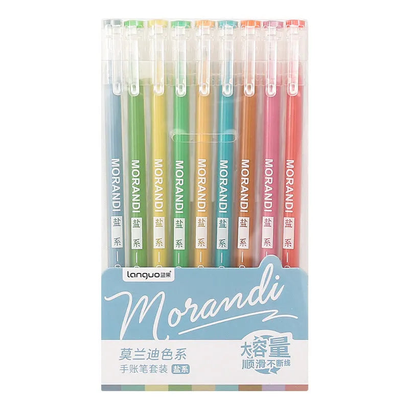 Set of nine solid colour gel pens with 0.5mm needle tips, packaged in a retro, Nordic, salt, or sweet series design.