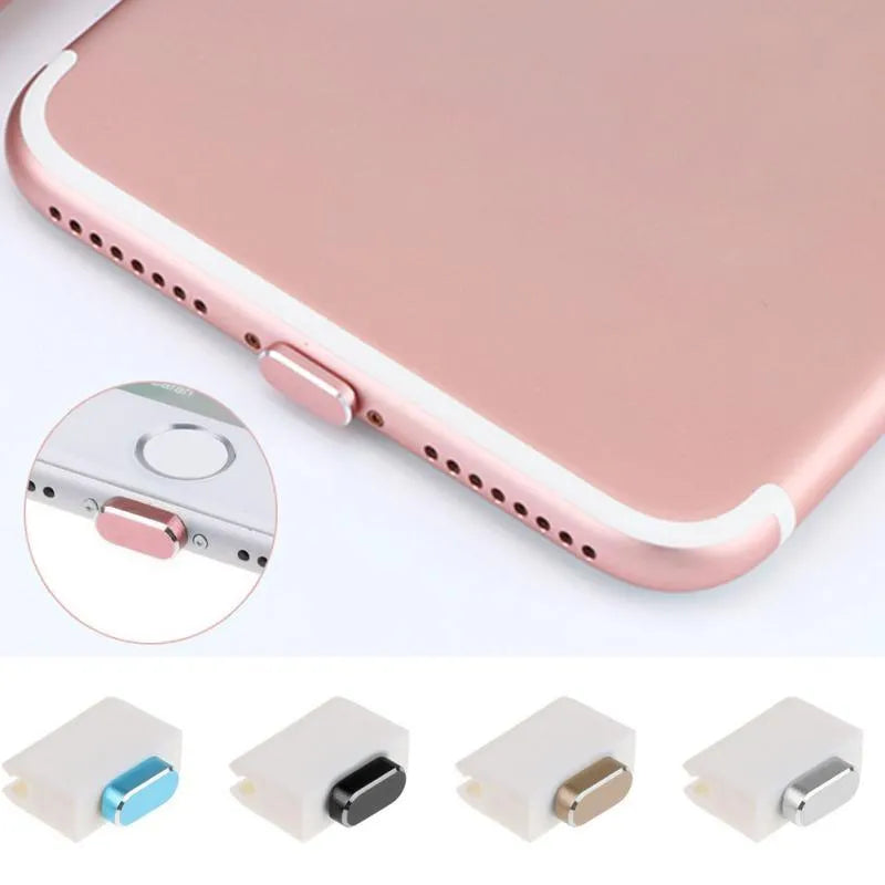 Aluminium alloy iPhone charging port dust plug in rose gold colour next to an iPhone.