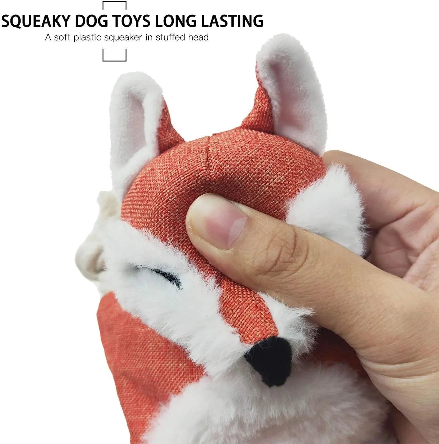 Brown fox-shaped dog toy with embroidered eyes, cotton rope limbs, and squeaker crinkle features