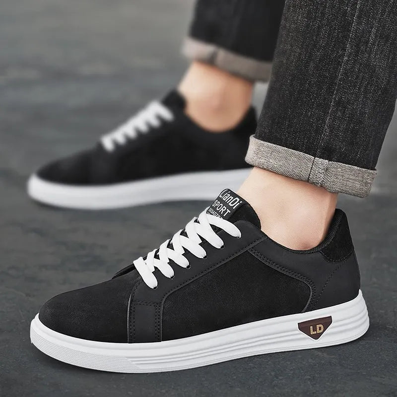 Men's low-top casual sneakers with snake pattern in black, PU upper, round toe, on a neutral background.
